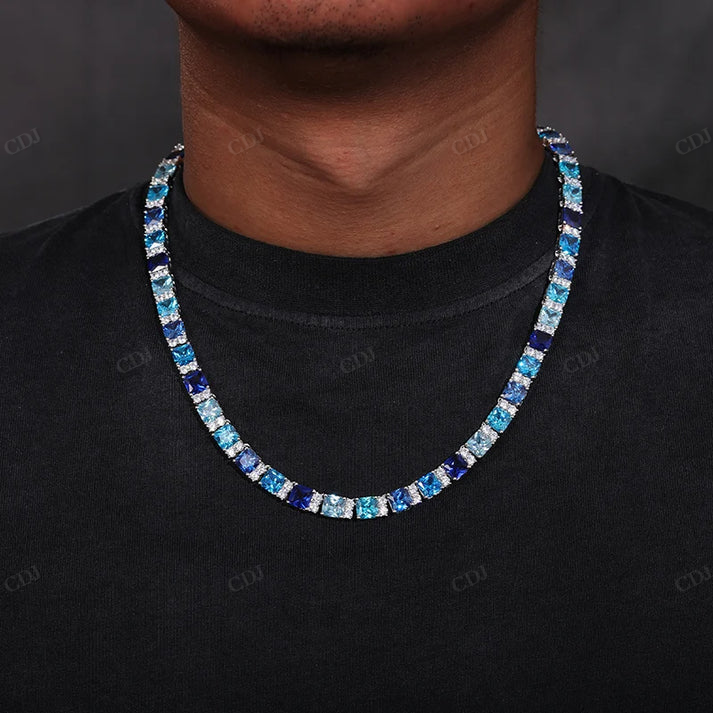 7mm S925 Blue Asscher Sapphire Diamond Tennis Chain hip hop jewelry CustomDiamJewel