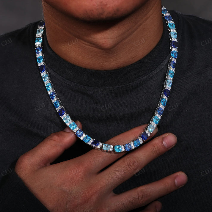 7mm S925 Blue Asscher Sapphire Diamond Tennis Chain hip hop jewelry CustomDiamJewel