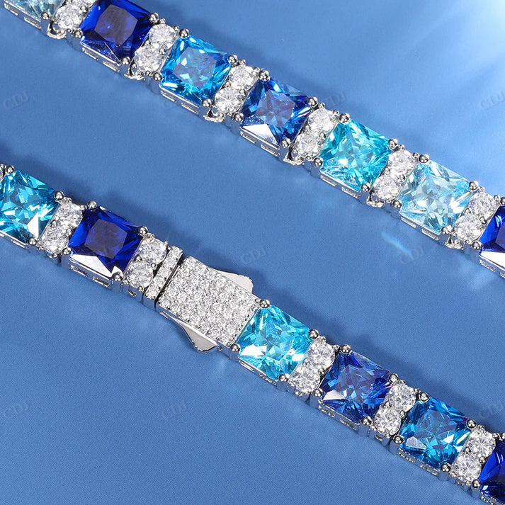 7mm S925 Blue Asscher Sapphire Diamond Tennis Chain hip hop jewelry CustomDiamJewel