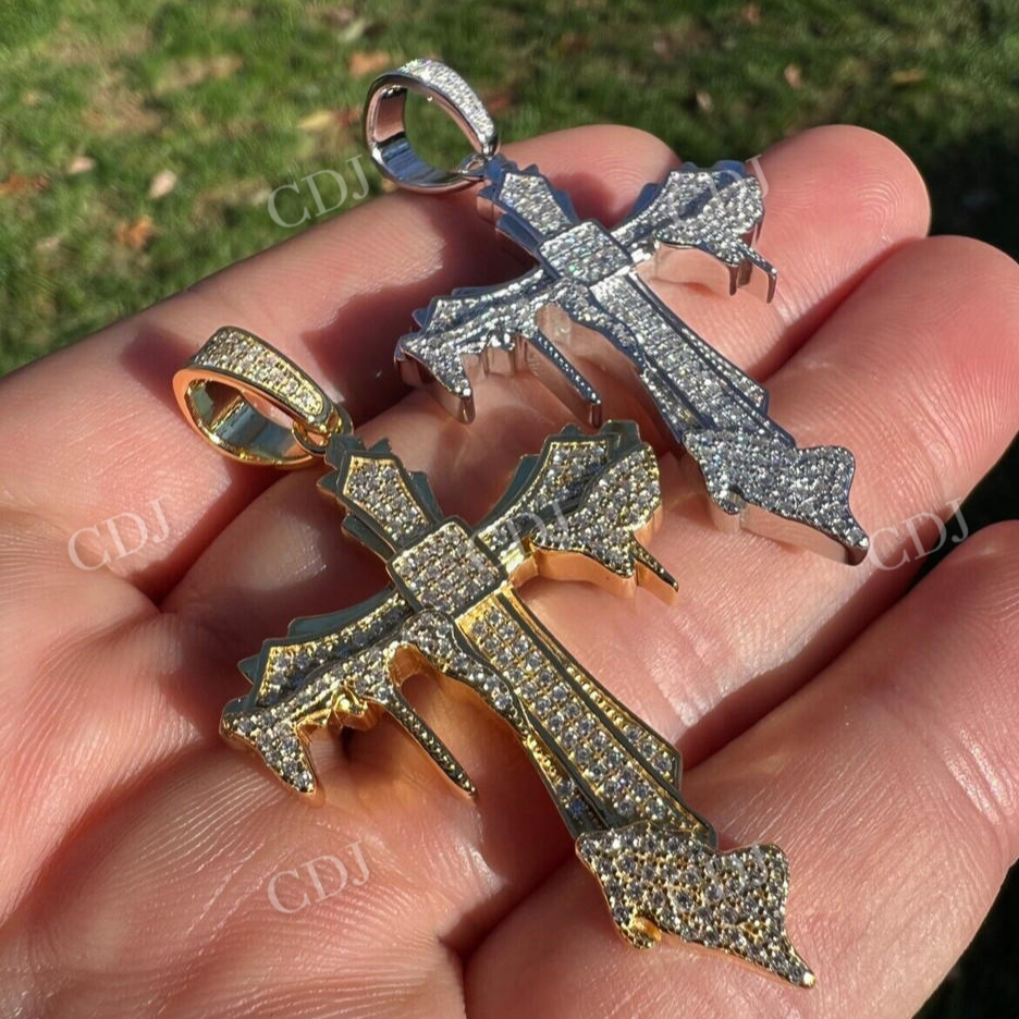 925 Silver Dripping Cross Iced Diamond Pendant  customdiamjewel   