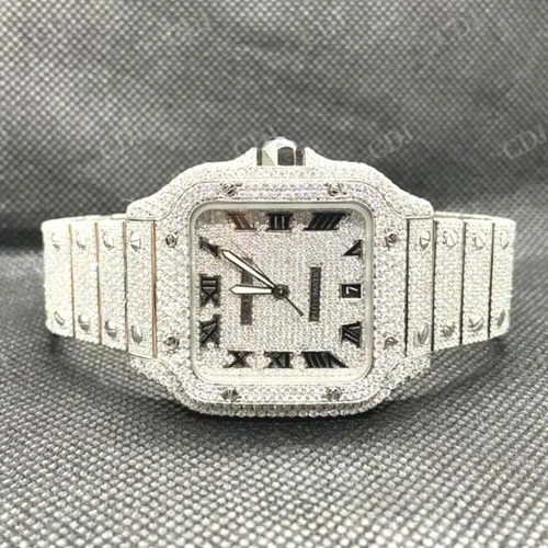 36MM Moissanite Diamond Automatic Cartier Santos Watch customdiamjewel