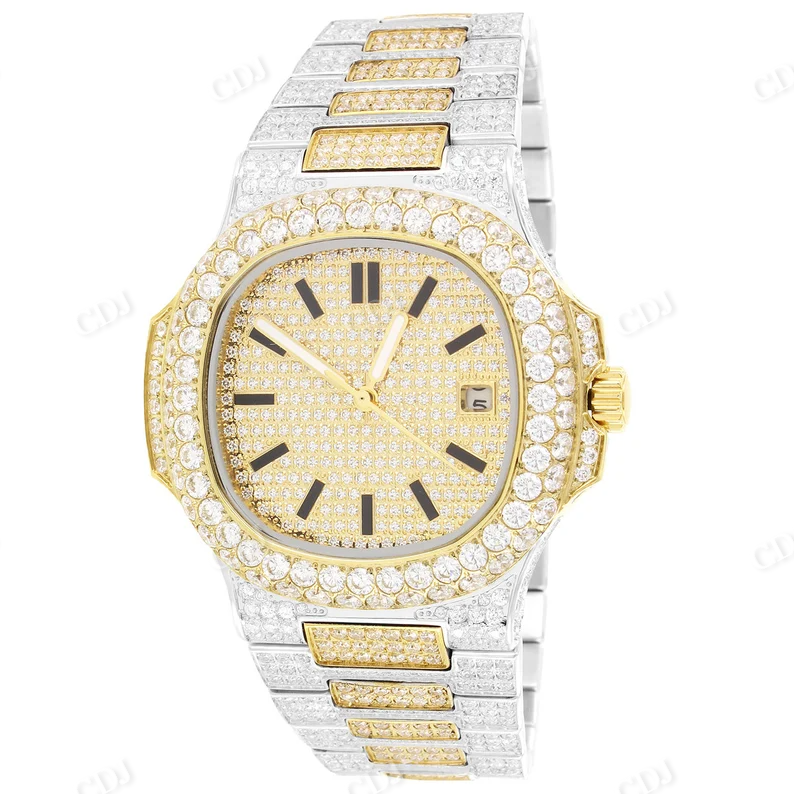 Luxury Fully Iced Out Lab Grown Diamond White And Yellow Tone Stainless Steel Men's Wrist Watch