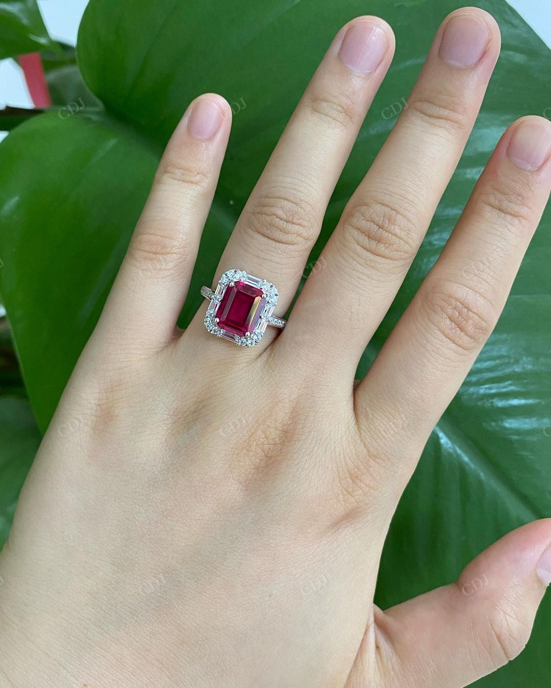 Colored Emerald Cut Halo Moissanite Ring