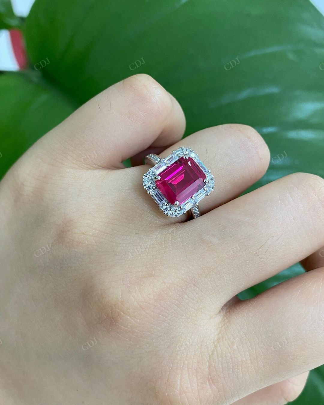 Colored Emerald Cut Halo Moissanite Ring