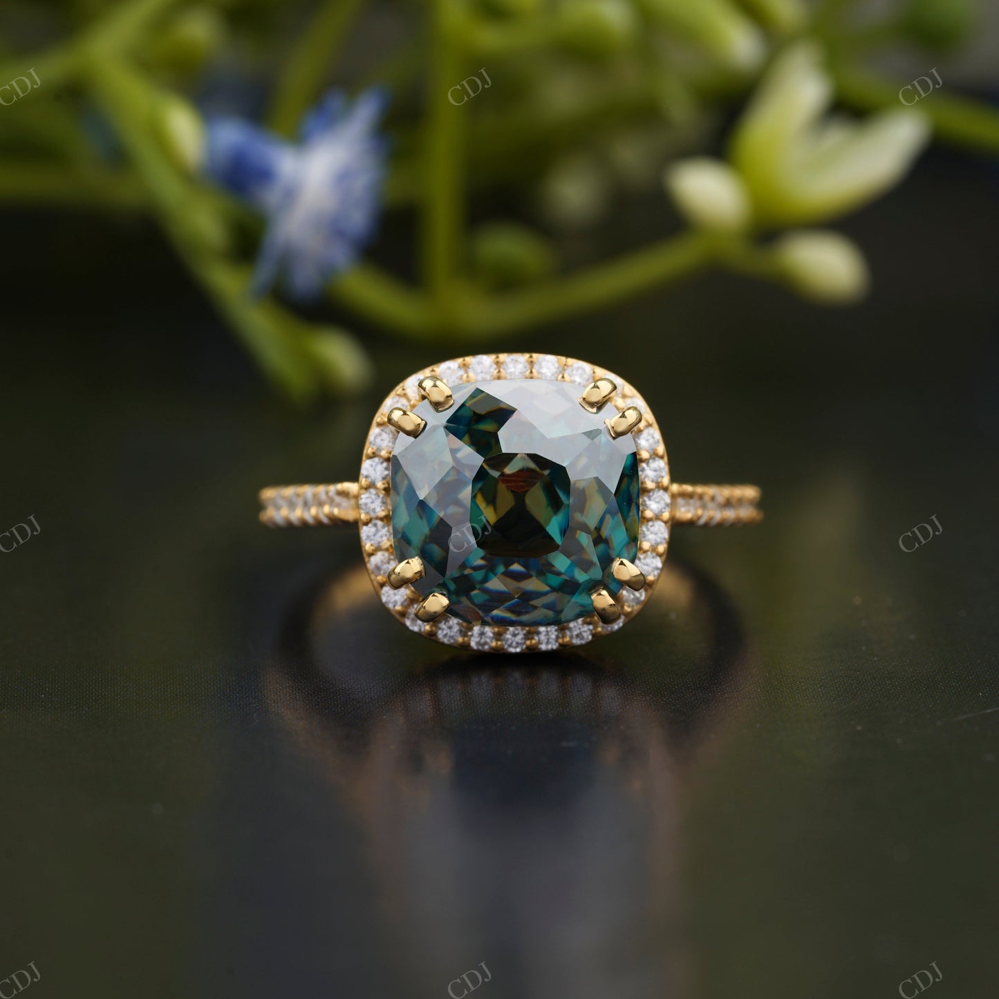 Teal Cushion Moissanite Double Halo Ring