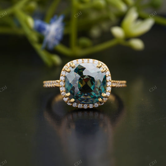 Teal Cushion Moissanite Double Halo Ring