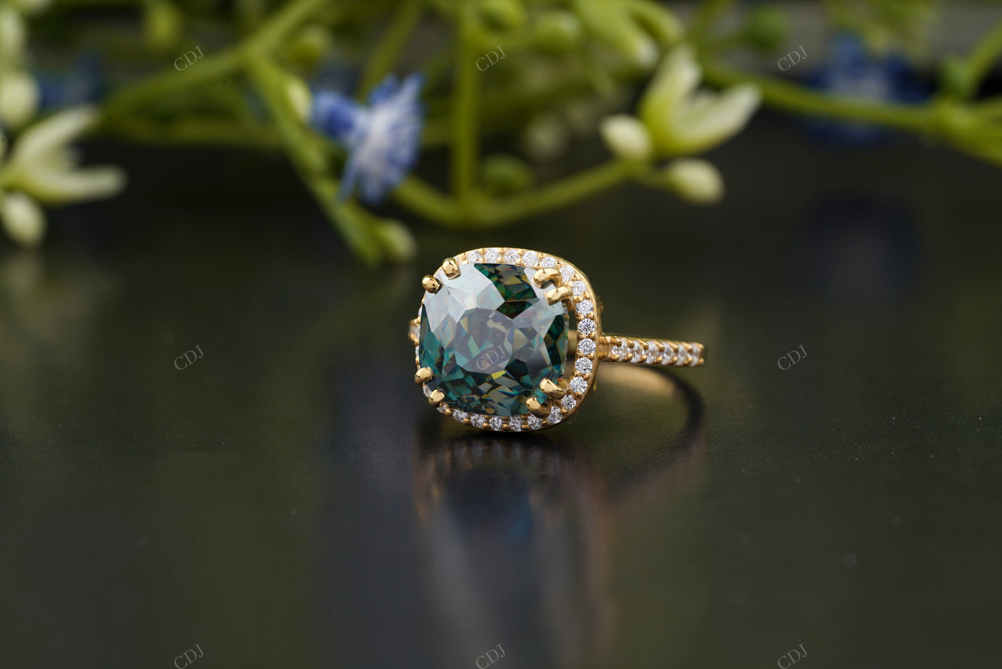 Teal Cushion Moissanite Double Halo Ring