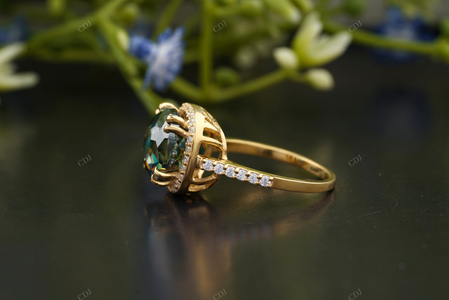 Teal Cushion Moissanite Double Halo Ring