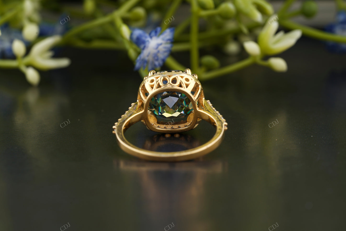 Teal Cushion Moissanite Double Halo Ring