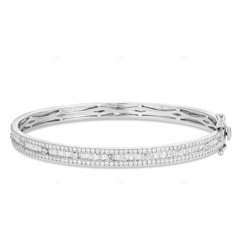 925 Sterling Silver Baguette & Round Cut Diamond Bengal Bracelet CustomDiamJewel