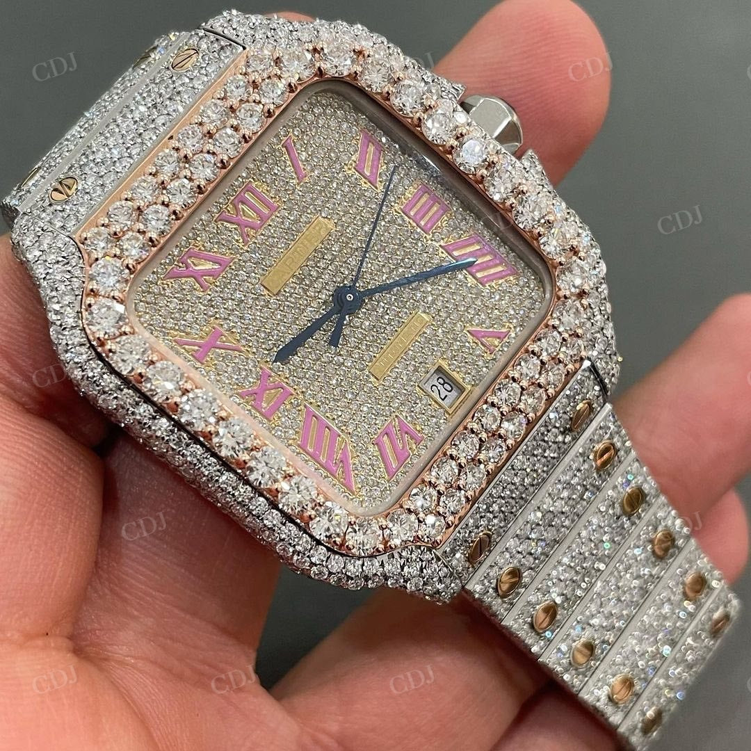 Two Tone Stainless Steel Fully Iced Out Cartier Diamond Moissanite Watch customdiamjewel