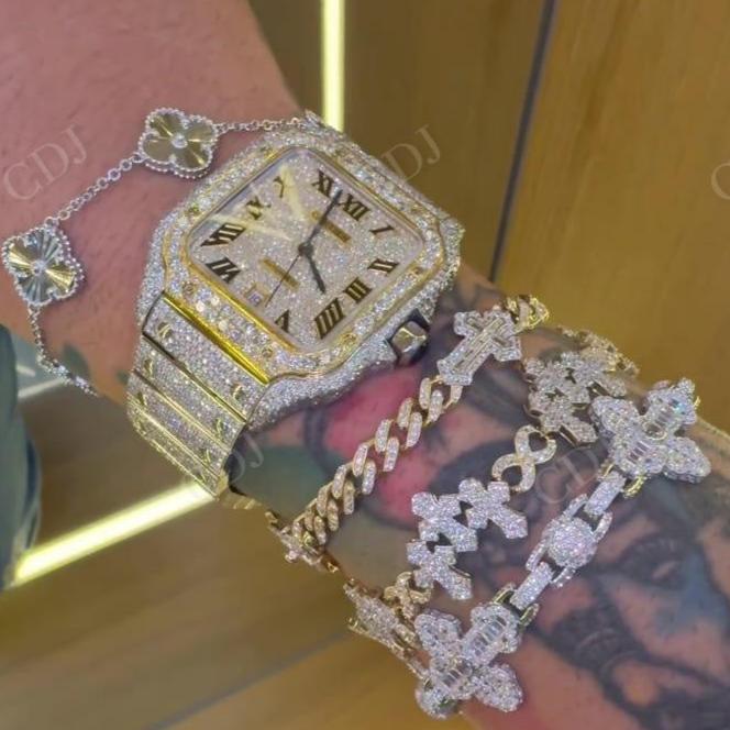Stylist Men Watch and Cross Bracelet Moissanite Diamond Hip Hop Jewelry hip hop jewelry CustomDiamJewel