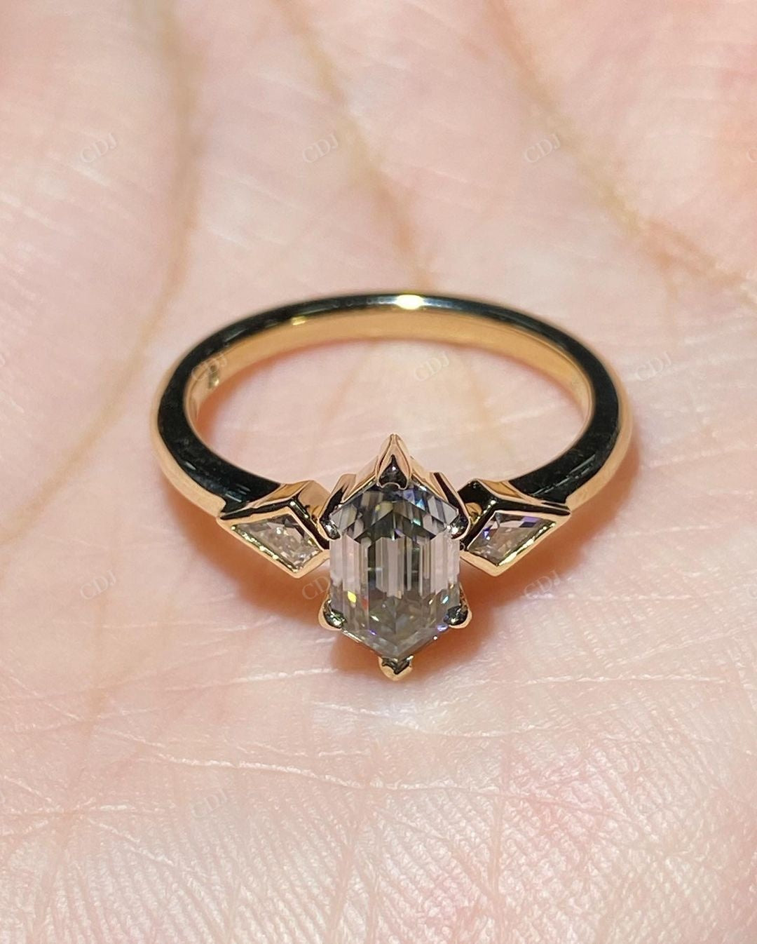 Vintage Hexagon Cut Moissanite Three Stone Ring