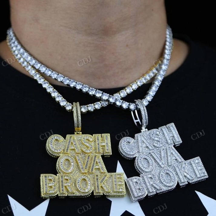 Iced Out Baguette Round Moissanite CASH OVA BROKE Pendant hip hop ring CustomDiamJewel