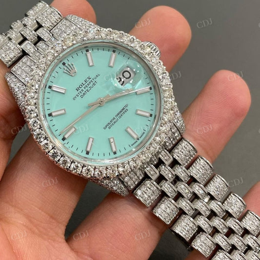 Rolex Hip Hop Trendy Bling Light Blue Dial Diamond Moissanite Watch customdiamjewel