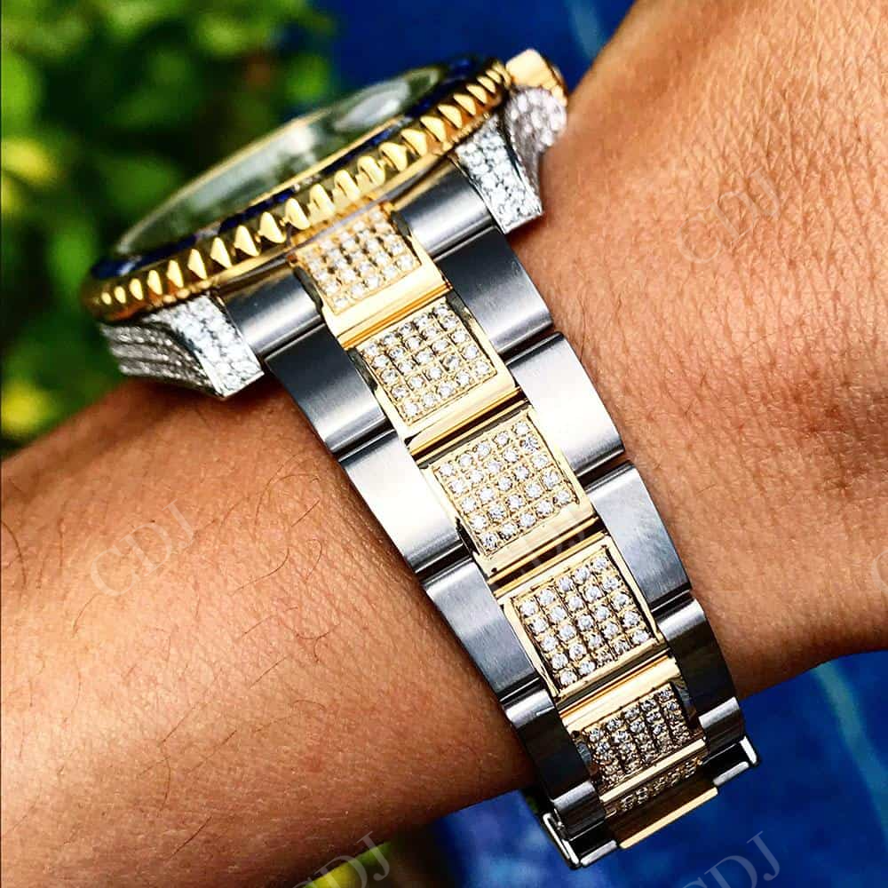 Blue Dial Two Tone Moissanite Watch For Rappers customdiamjewel