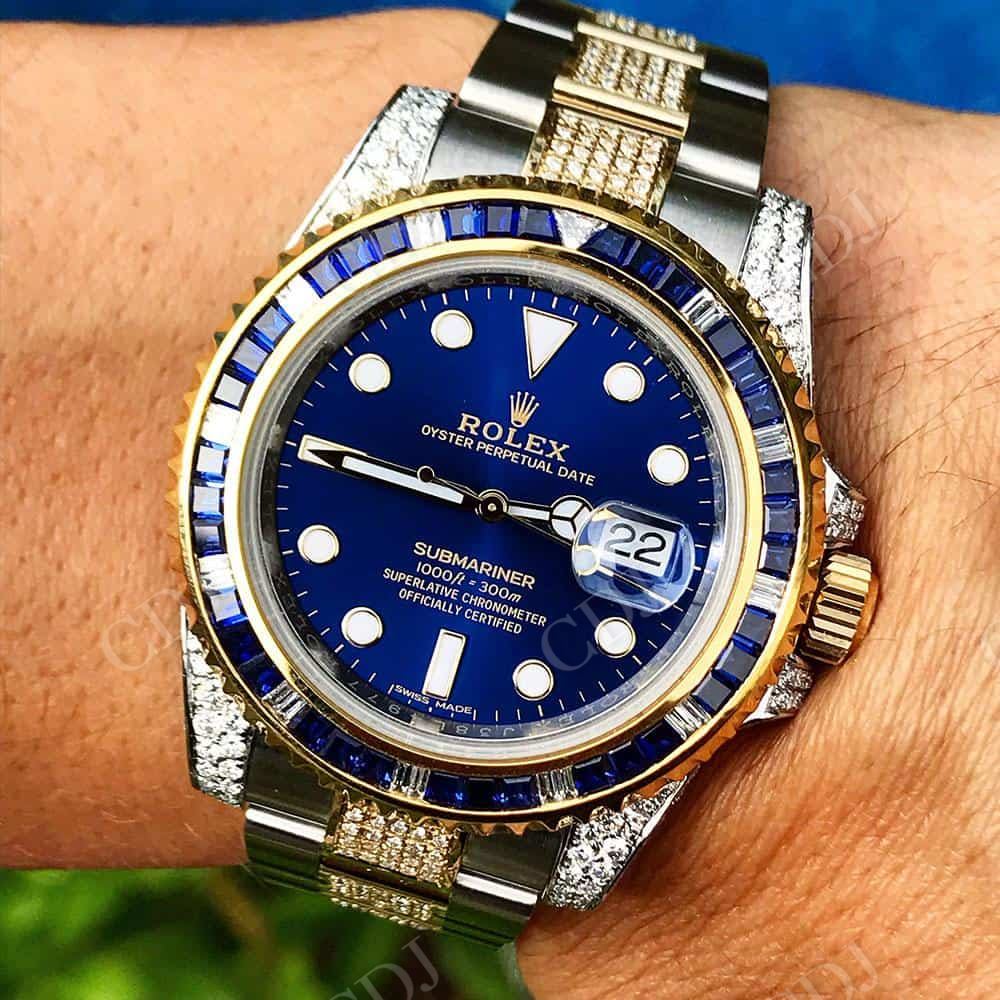 Blue Dial Two Tone Moissanite Watch For Rappers customdiamjewel