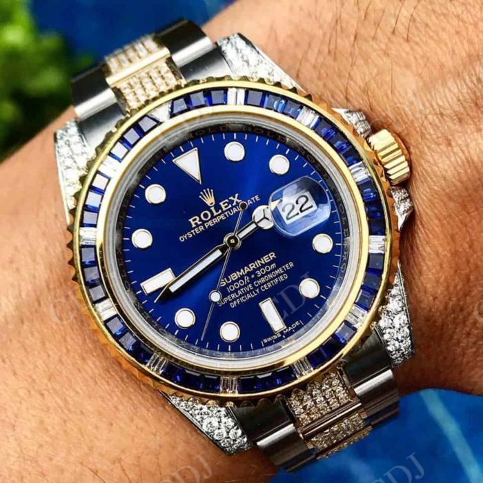 Blue Dial Two Tone Moissanite Watch For Rappers customdiamjewel