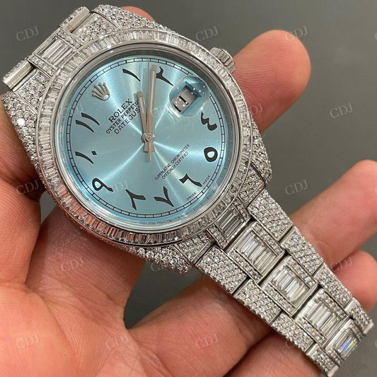 Custom Luxury Fashion Ice Out Rolex Diamond Light Blue Dial Moissanite Watch customdiamjewel