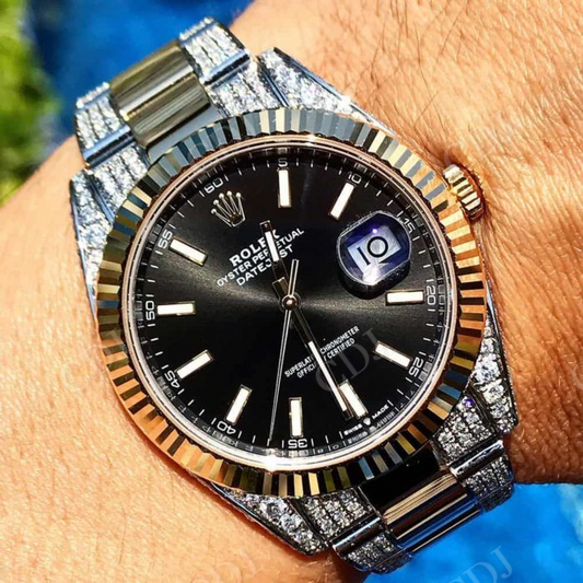 Plain Bezel Black Dial Two Tone Diamond Belt Mens Rolex customdiamjewel