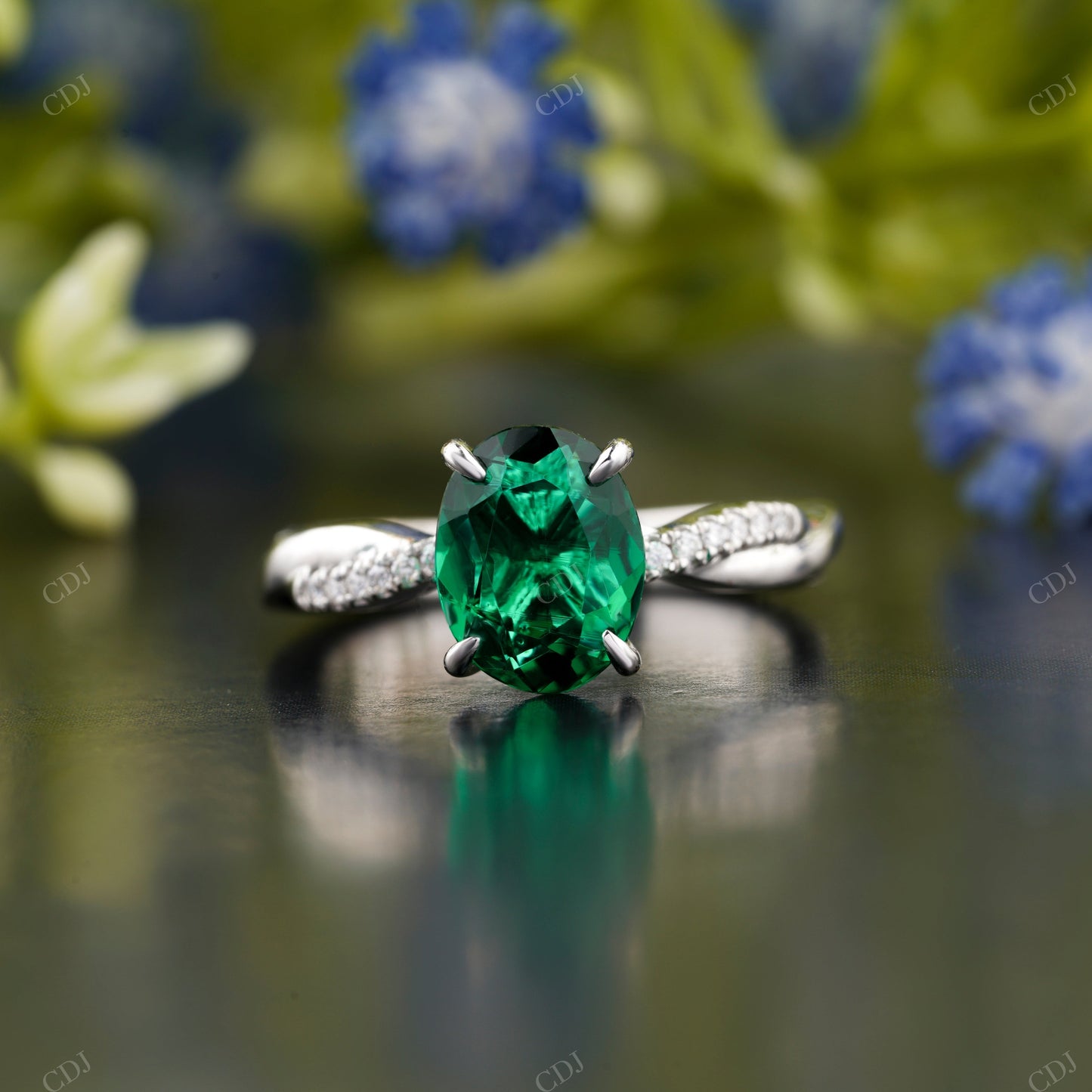 Green Emerald Oval Cut Pavé Ring