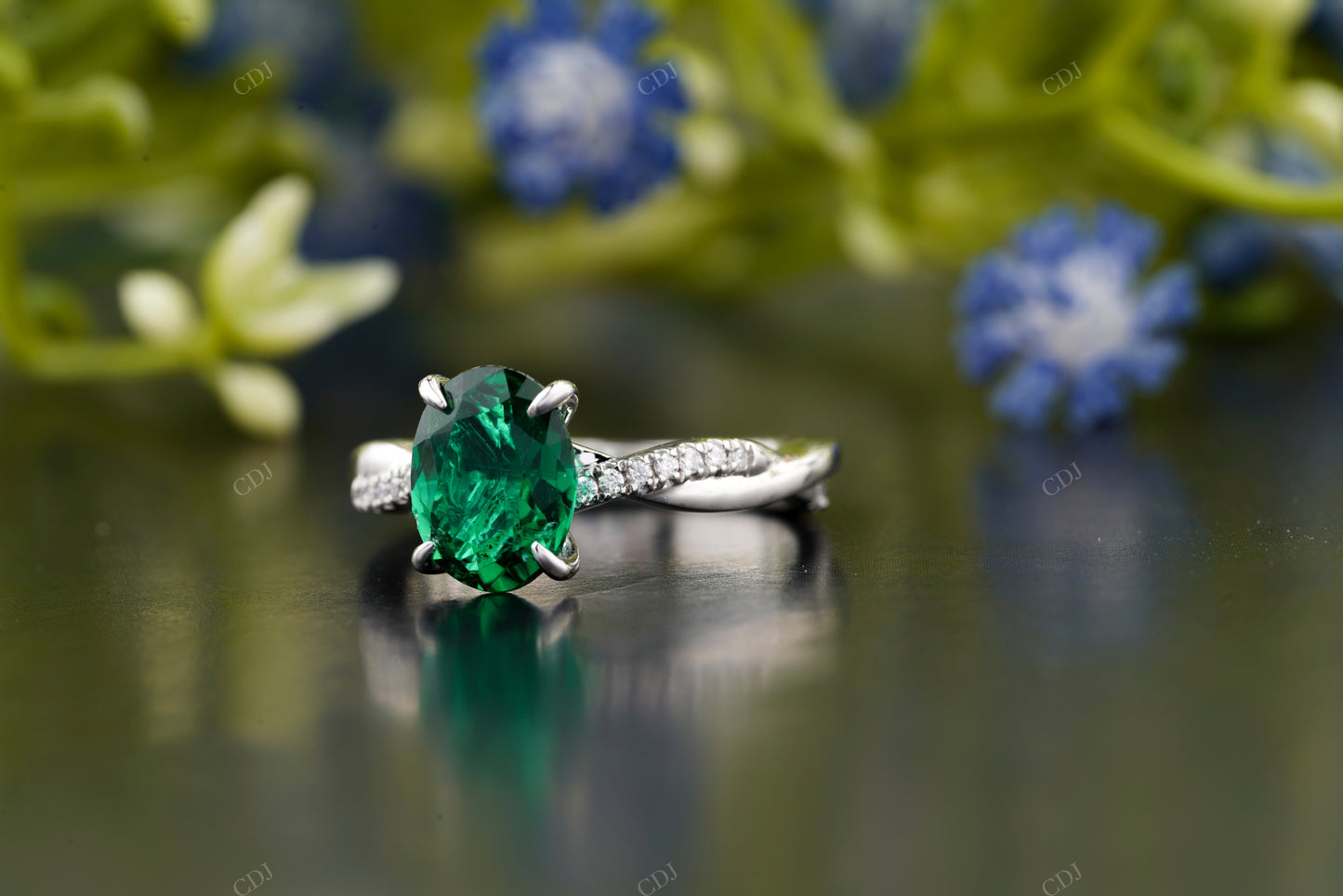 Green Emerald Oval Cut Pavé Ring