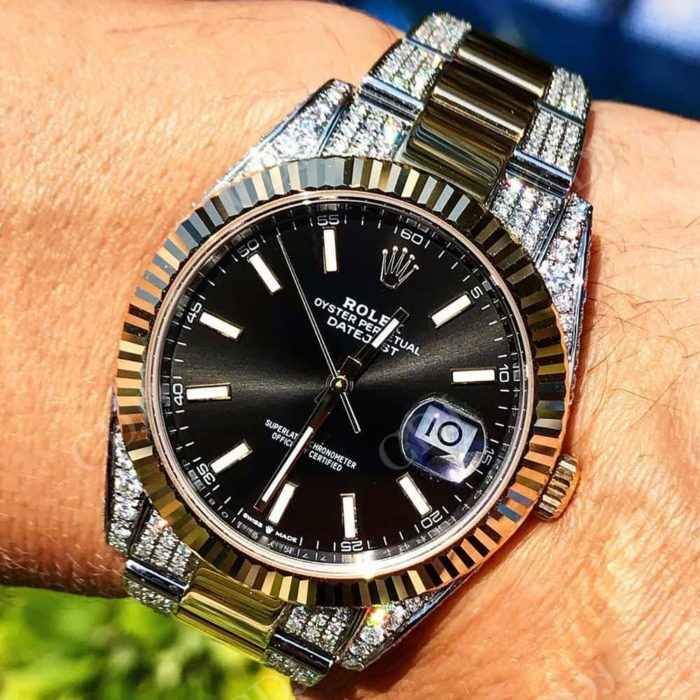 Plain Bezel Black Dial Two Tone Diamond Belt Mens Rolex customdiamjewel