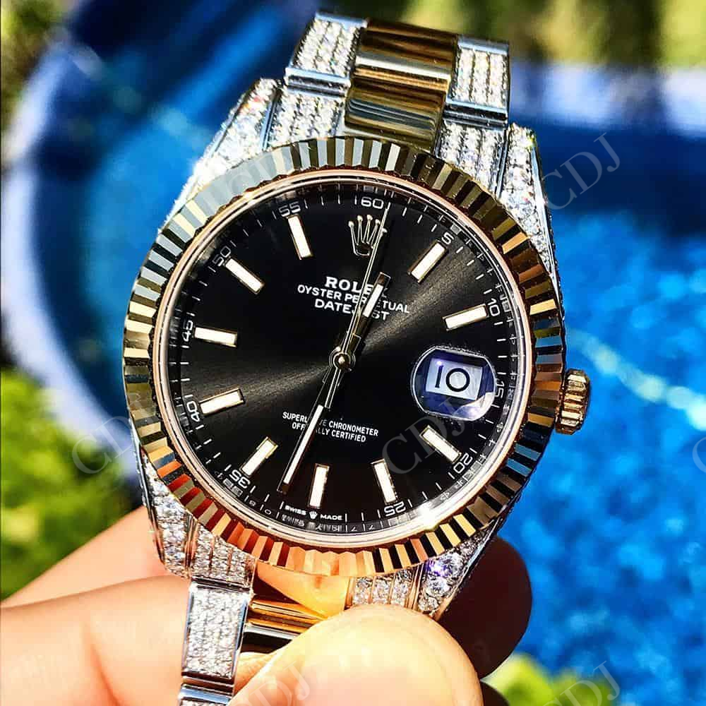 Plain Bezel Black Dial Two Tone Diamond Belt Mens Rolex customdiamjewel