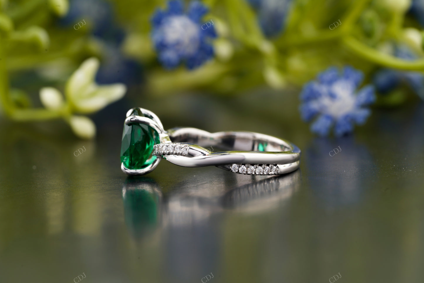 Green Emerald Oval Cut Pavé Ring