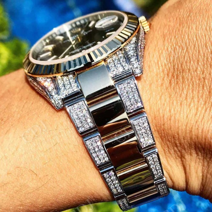 Plain Bezel Black Dial Two Tone Diamond Belt Mens Rolex customdiamjewel