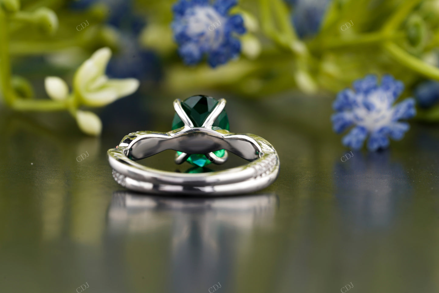 Green Emerald Oval Cut Pavé Ring