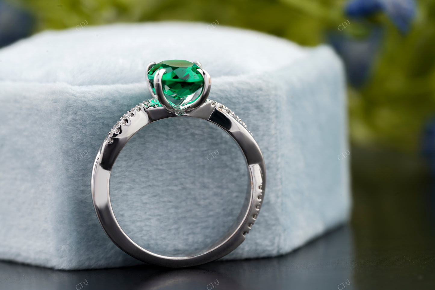 Green Emerald Oval Cut Pavé Ring