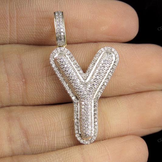 1.5" 0.75 CTW 18K Gold Real Diamond Bubble Initial Y Letter Pendant CustomDiamJewel