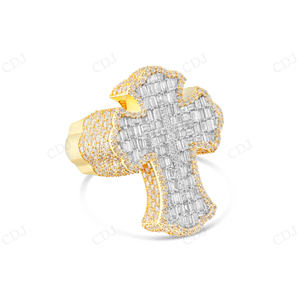 Yellow Gold Plated Baguette Diamond Cross Hip Hop Ring hip hop jewelry CustomDiamJewel