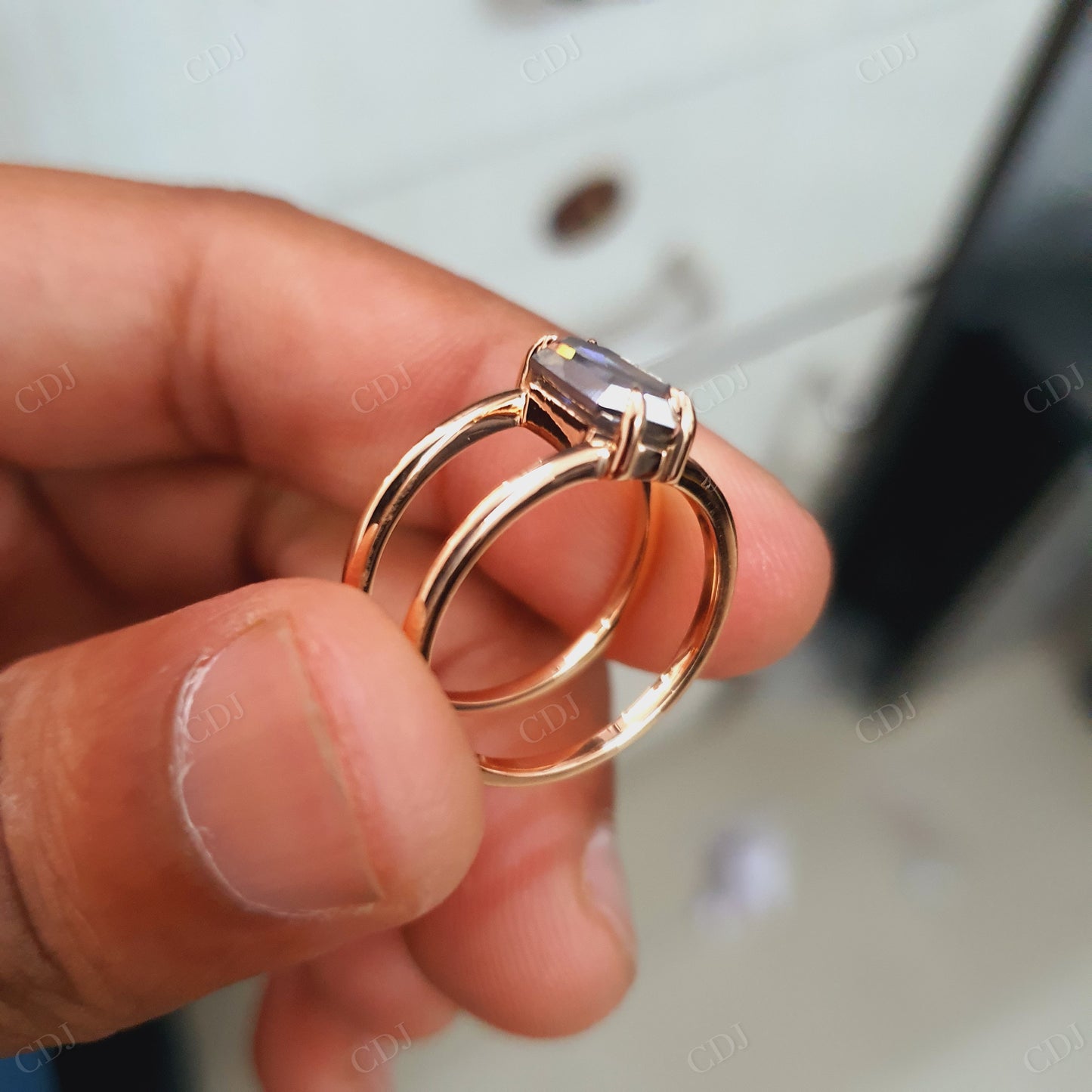 Hexagon Cut Salt and Pepper Moissanite Ring