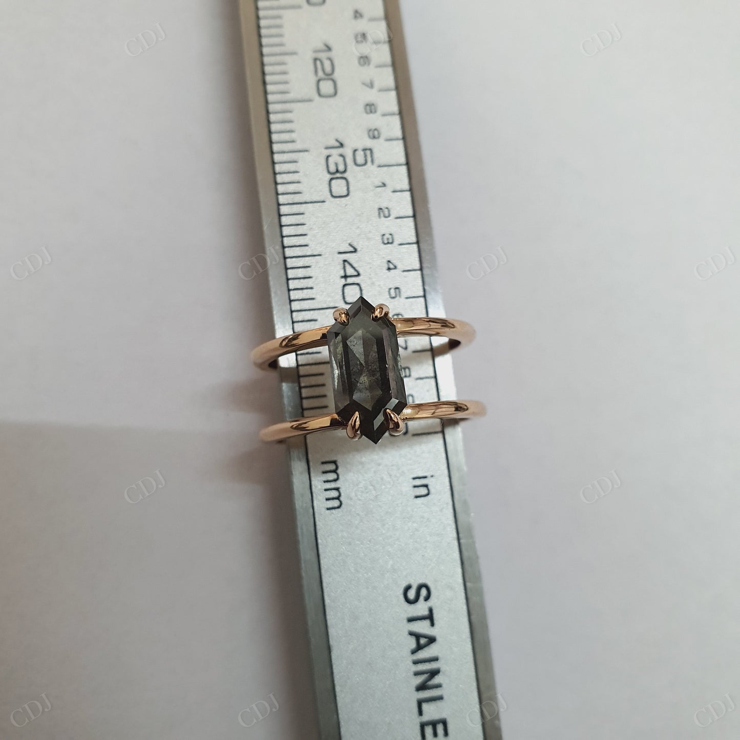 Hexagon Cut Salt and Pepper Moissanite Ring