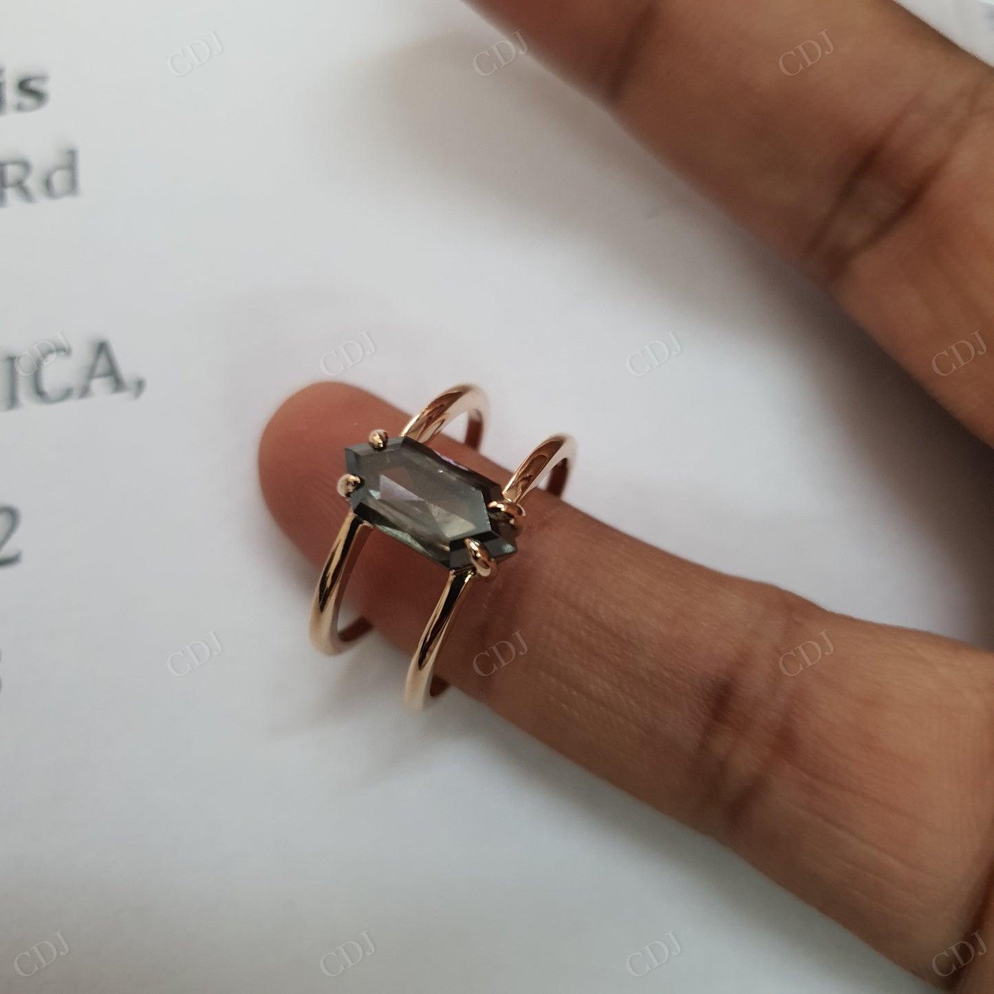 Hexagon Cut Salt and Pepper Moissanite Ring