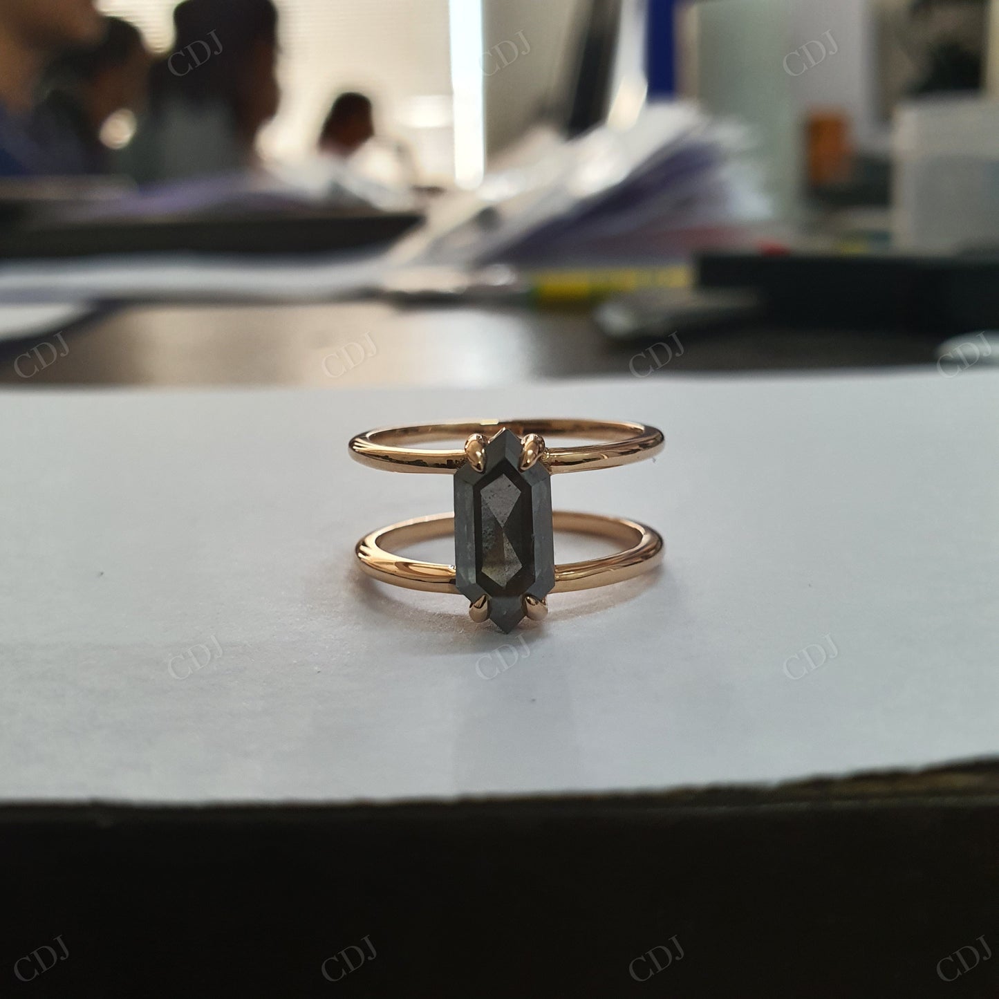 Hexagon Cut Salt and Pepper Moissanite Ring