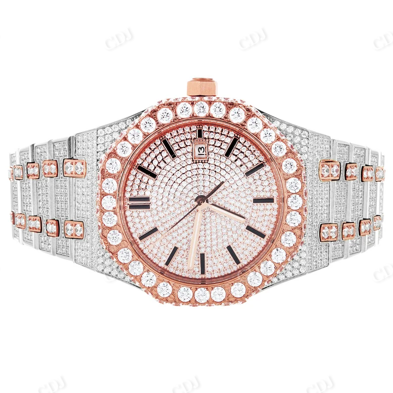 Octagon Face Moissanite Two Tone Rose Gold Plated Fully Iced Out Rolex Mens Wrist Watch