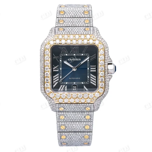 Blue Dial VVS D Color Moissanite Cartier Santos Two Tone Iced Out Watch customdiamjewel