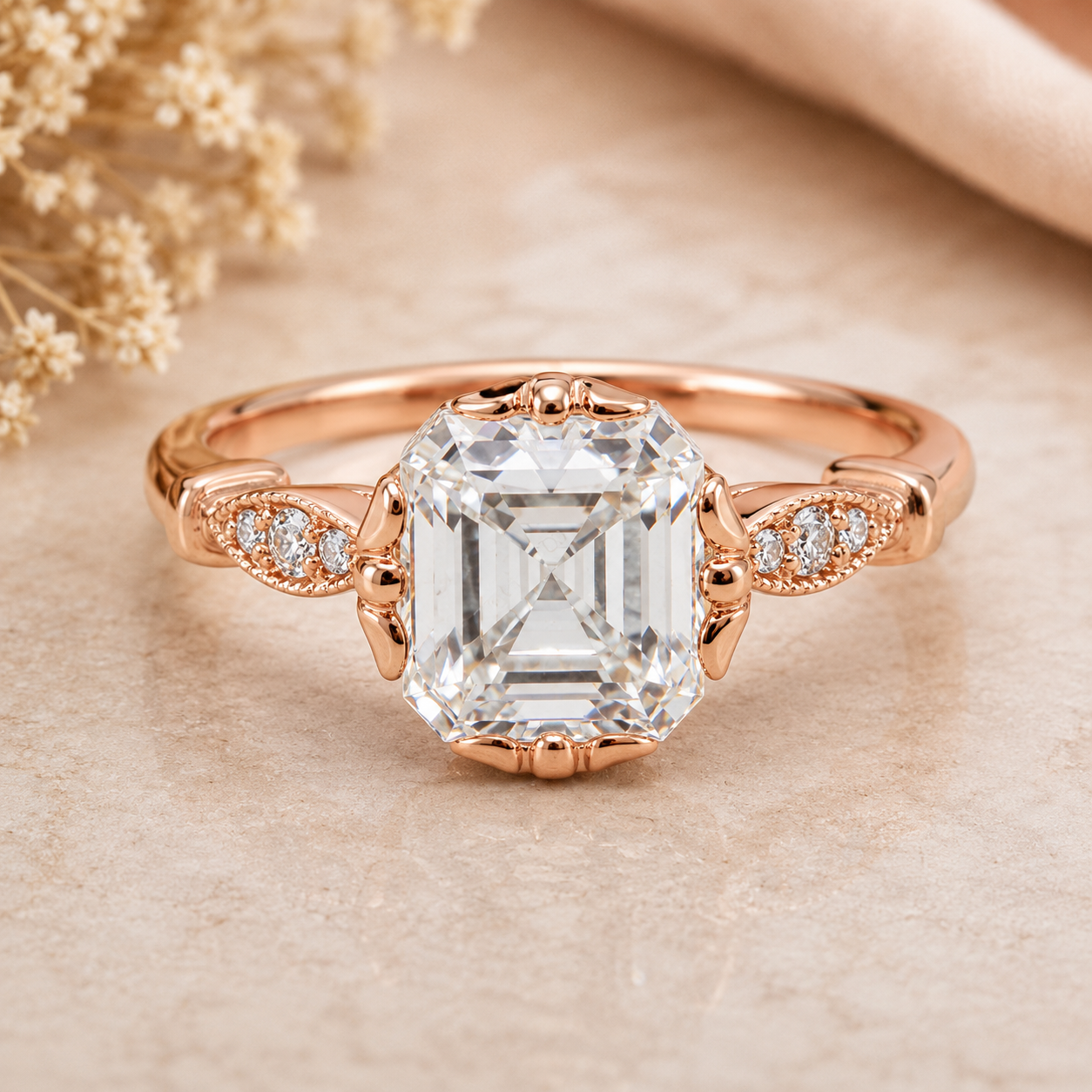 Asscher Cut Lab Grown Diamond Vintage Gold Ring