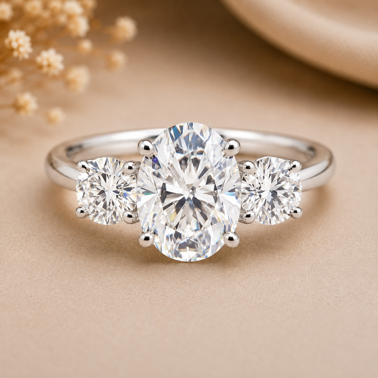 Three Stone Bubble Prong Lab Grown Diamond Gold Ring