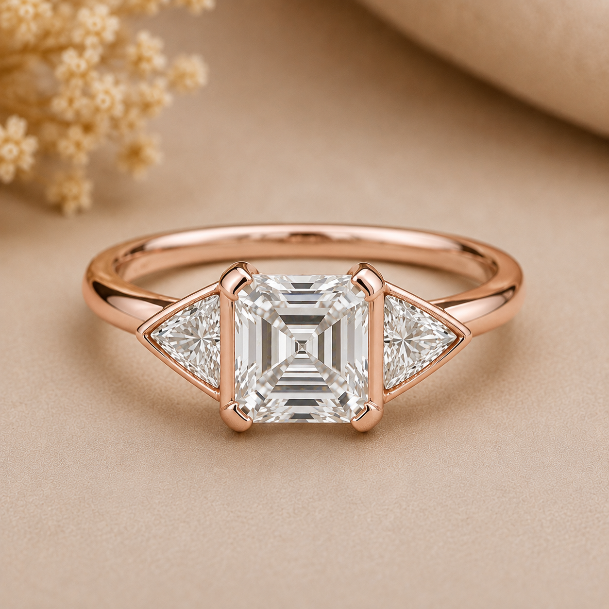 Asscher Cut Lab Grown Diamond Three Stone Engagement Ring