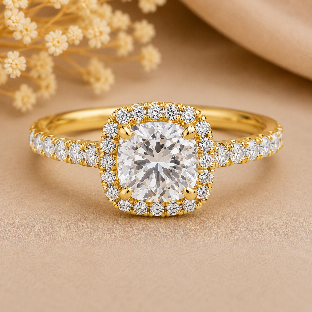 Lab Grown Cushion Diamond Halo Gold Engagement Ring