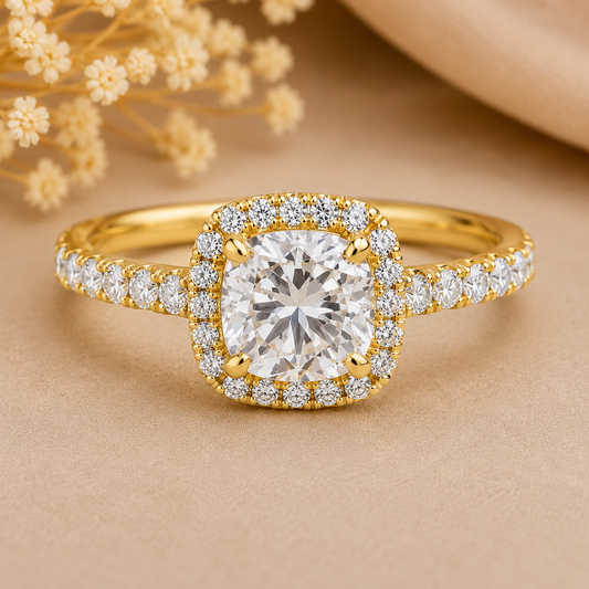 Lab Grown Cushion Diamond Halo Gold Engagement Ring