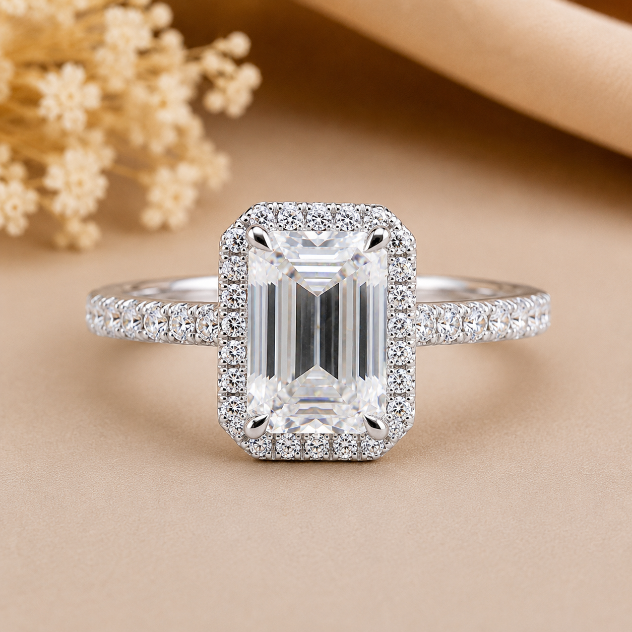 Emerald Cut Halo Lab Grown Diamond Pave Gold Ring