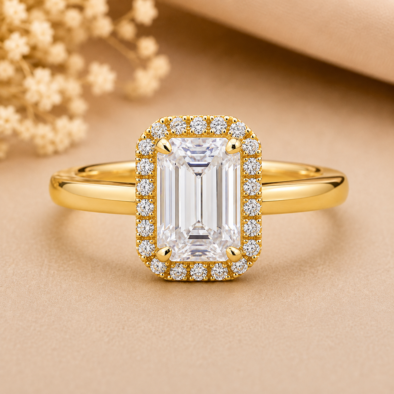 Emerald Cut Lab Diamond Classic Gold Halo Ring