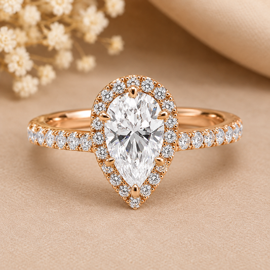 Pear Cut Halo Setting Lab Grown Diamond Gold Ring