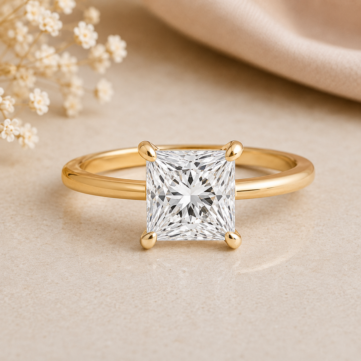 Princess Cut Lab Grown Diamond Hidden Halo Gold Ring