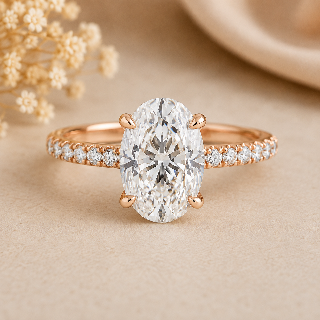 Oval Cut Hidden Halo Lab Grown Diamond Rose Gold Ring